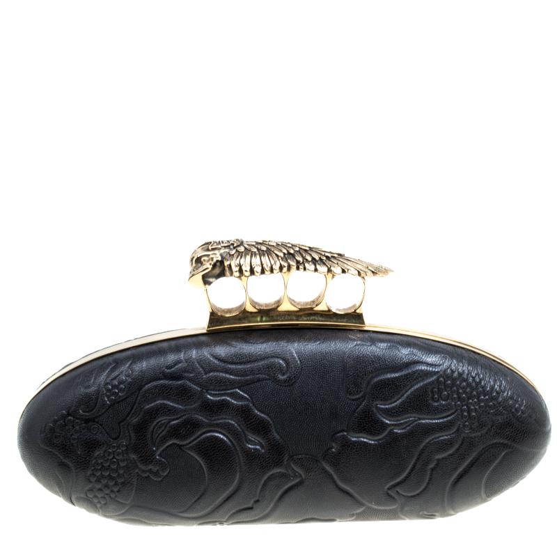 Alexander McQueen Black Leather Hell's Knuckle Duster Skull Box Clutch