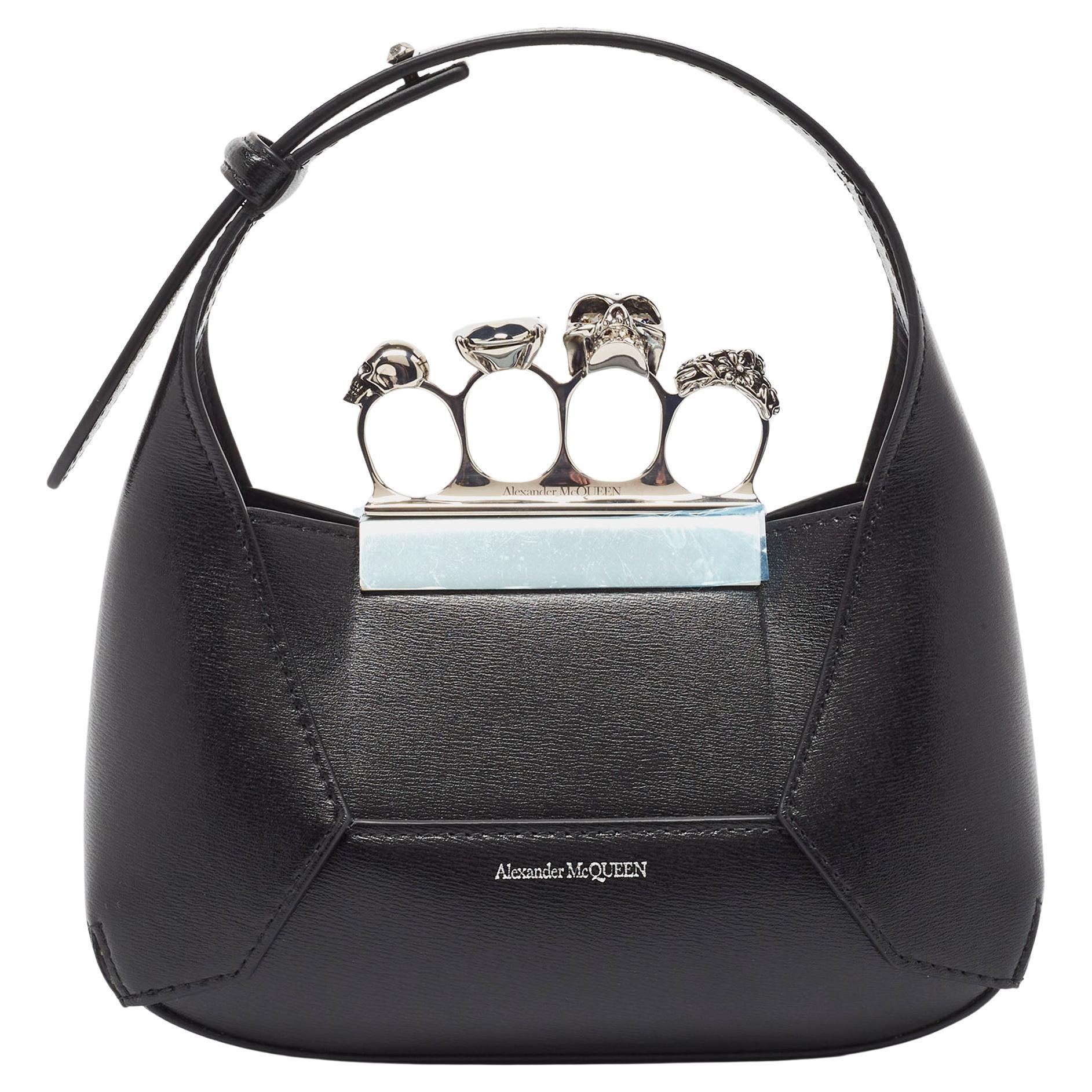 Alexander McQueen Black Leather Mini Jeweled Hobo For Sale