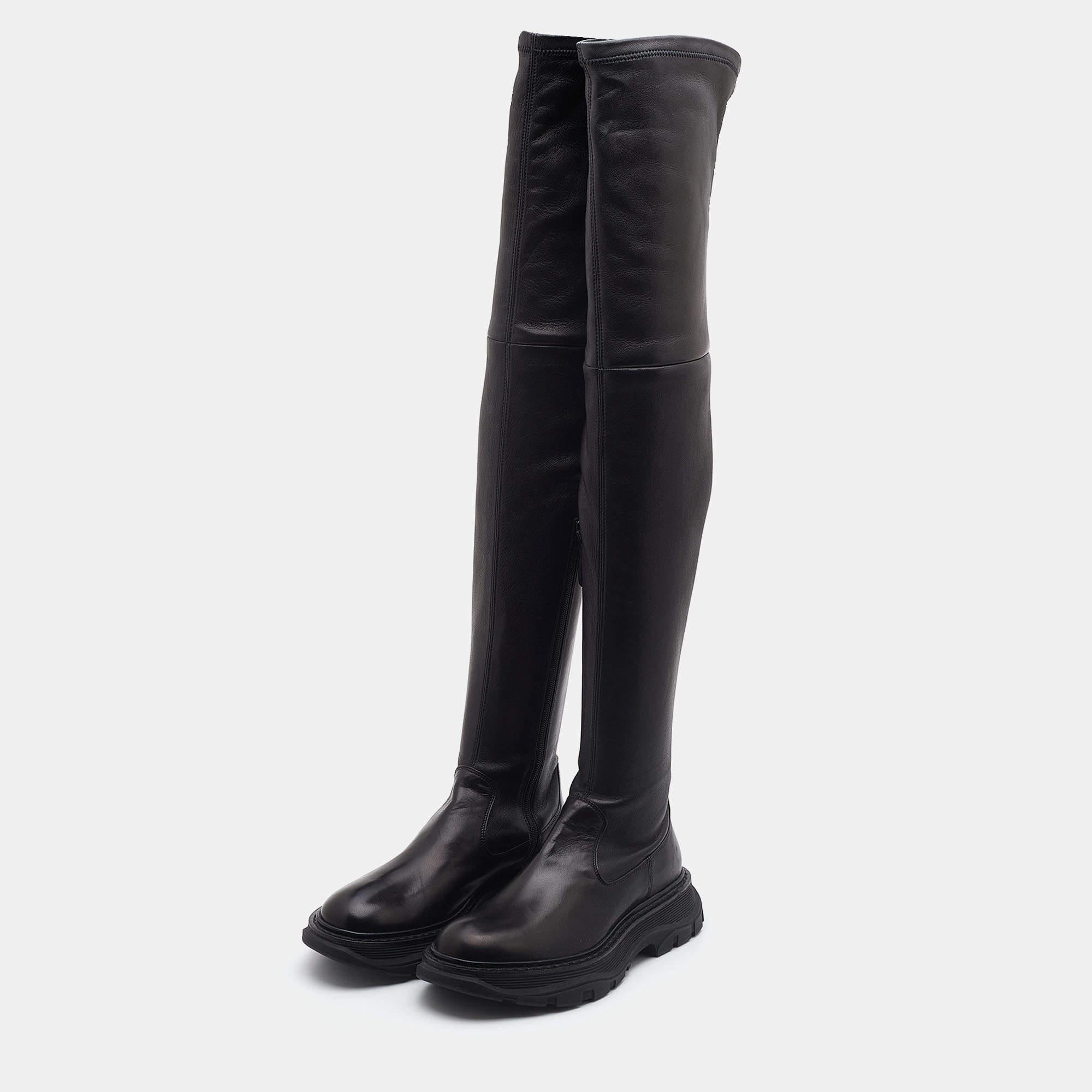 Women's Alexander McQueen Black Leather Over The Knee Boots Size 38.5