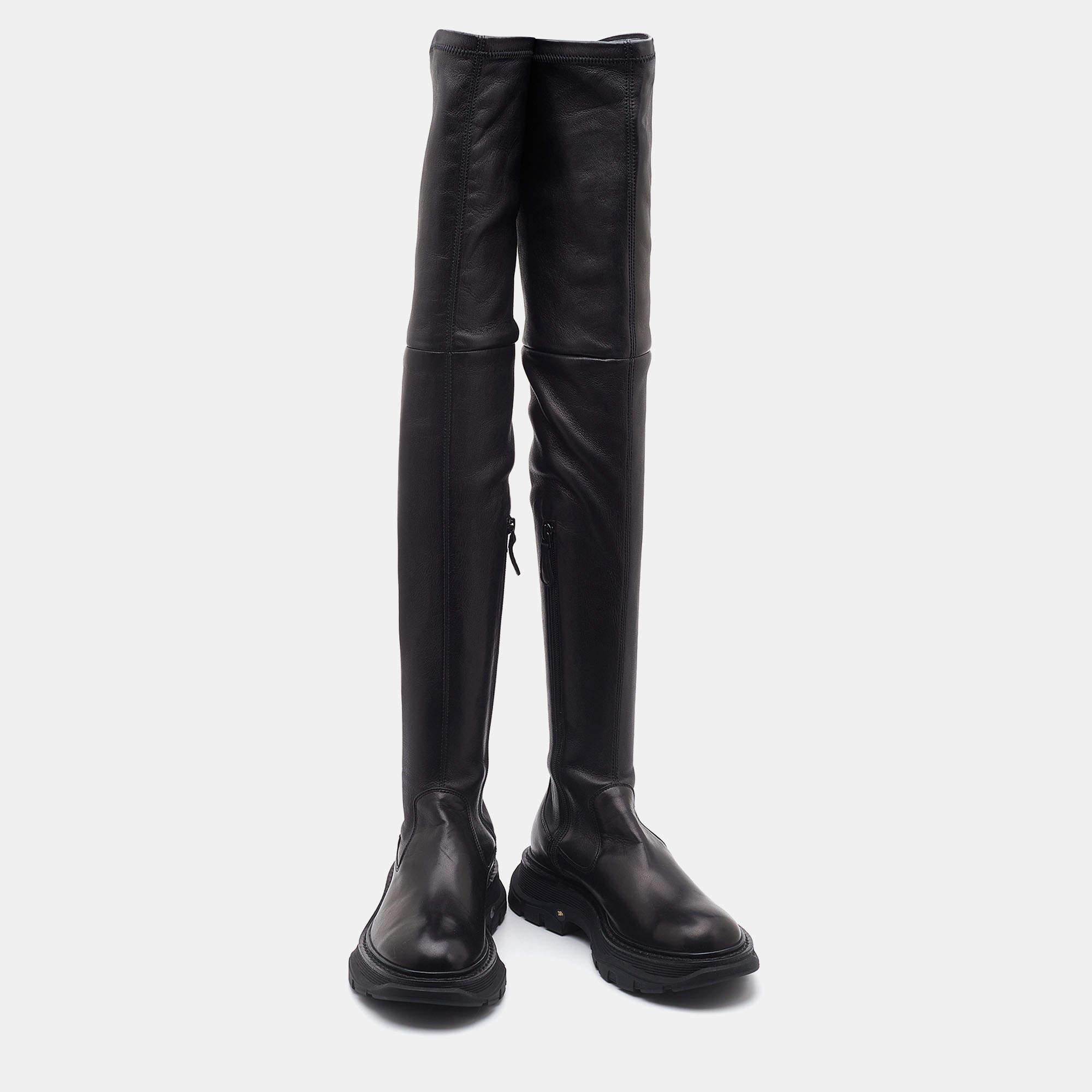 Alexander McQueen Black Leather Over The Knee Boots Size 38.5 1