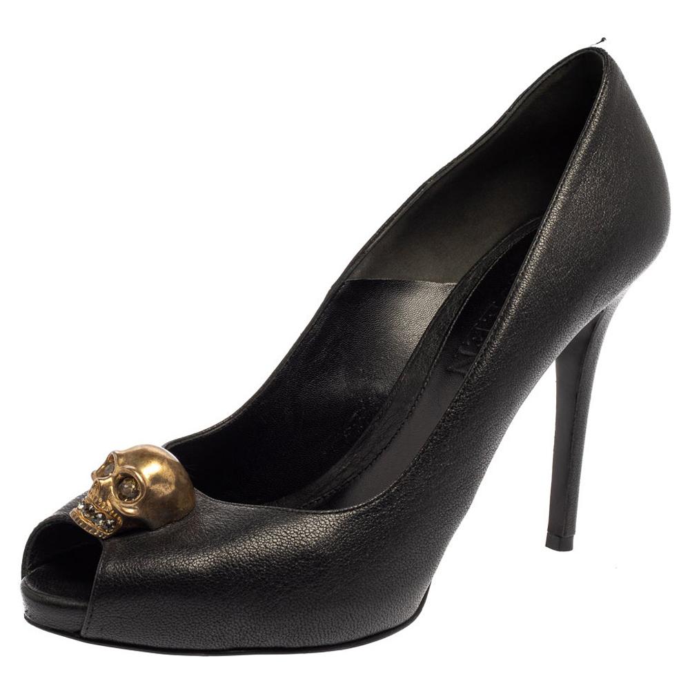 Alexander McQueen Black Leather Peep Toe Skull Pumps Size 39.5