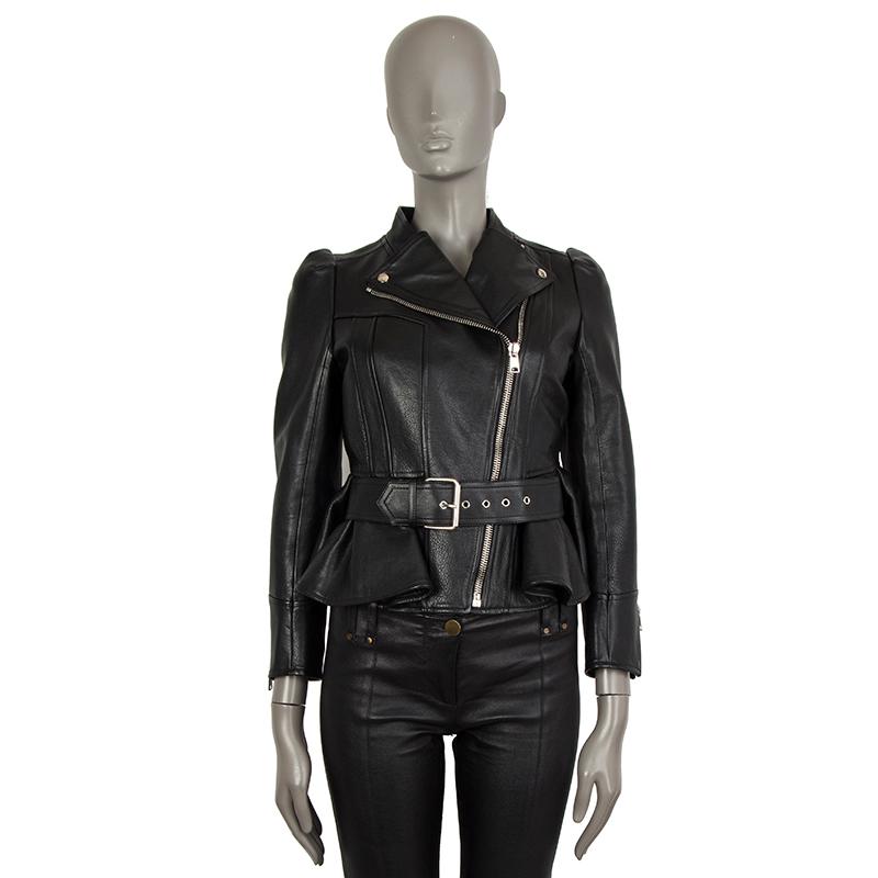 Alexander McQueen peplum biker jacket in black calf leather. With buttoned folded collar, belted waist, and zipper cuffs. Closes with silver metal zipper on the front side. Lined in black cotton (100%). Has been worn and is in excellent condition.