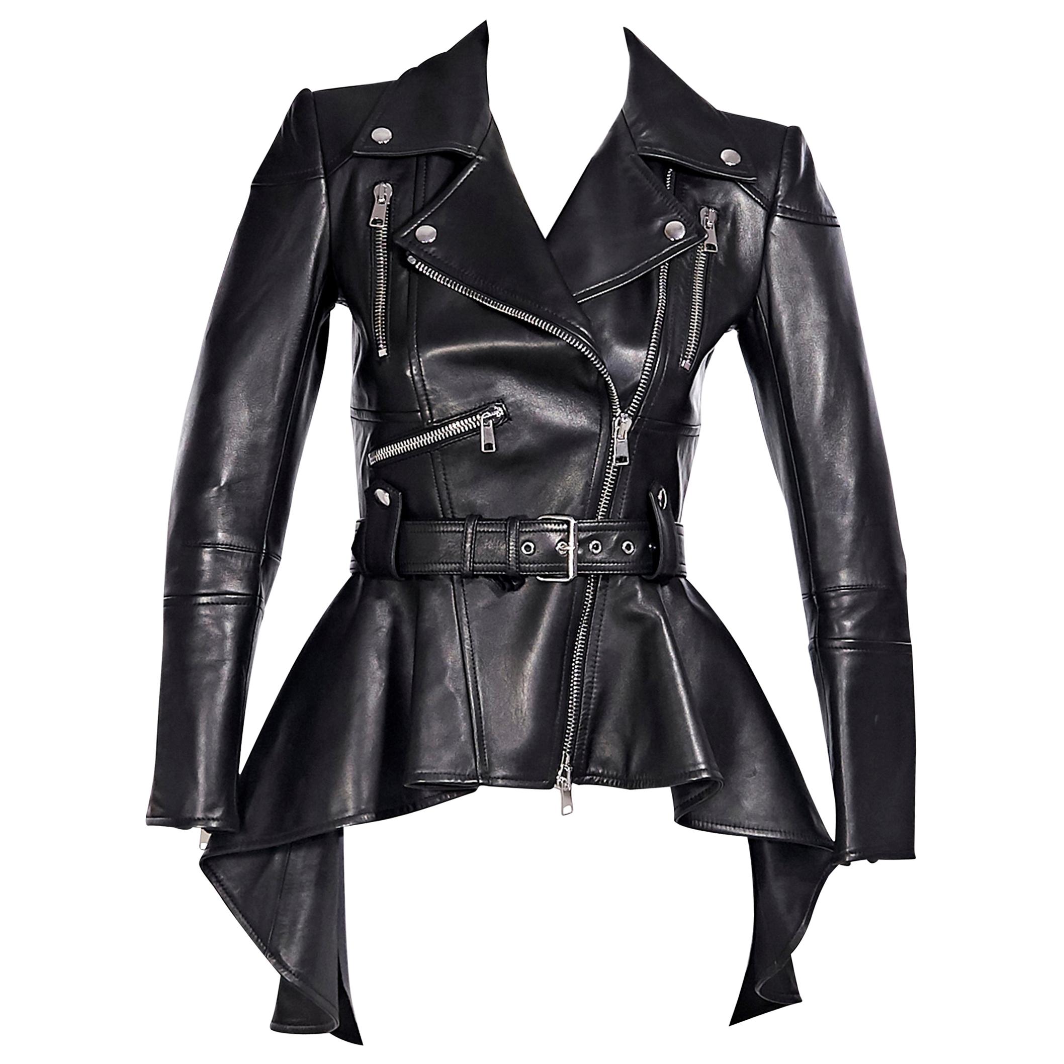 Alexander McQueen Black Leather Peplum Jacket