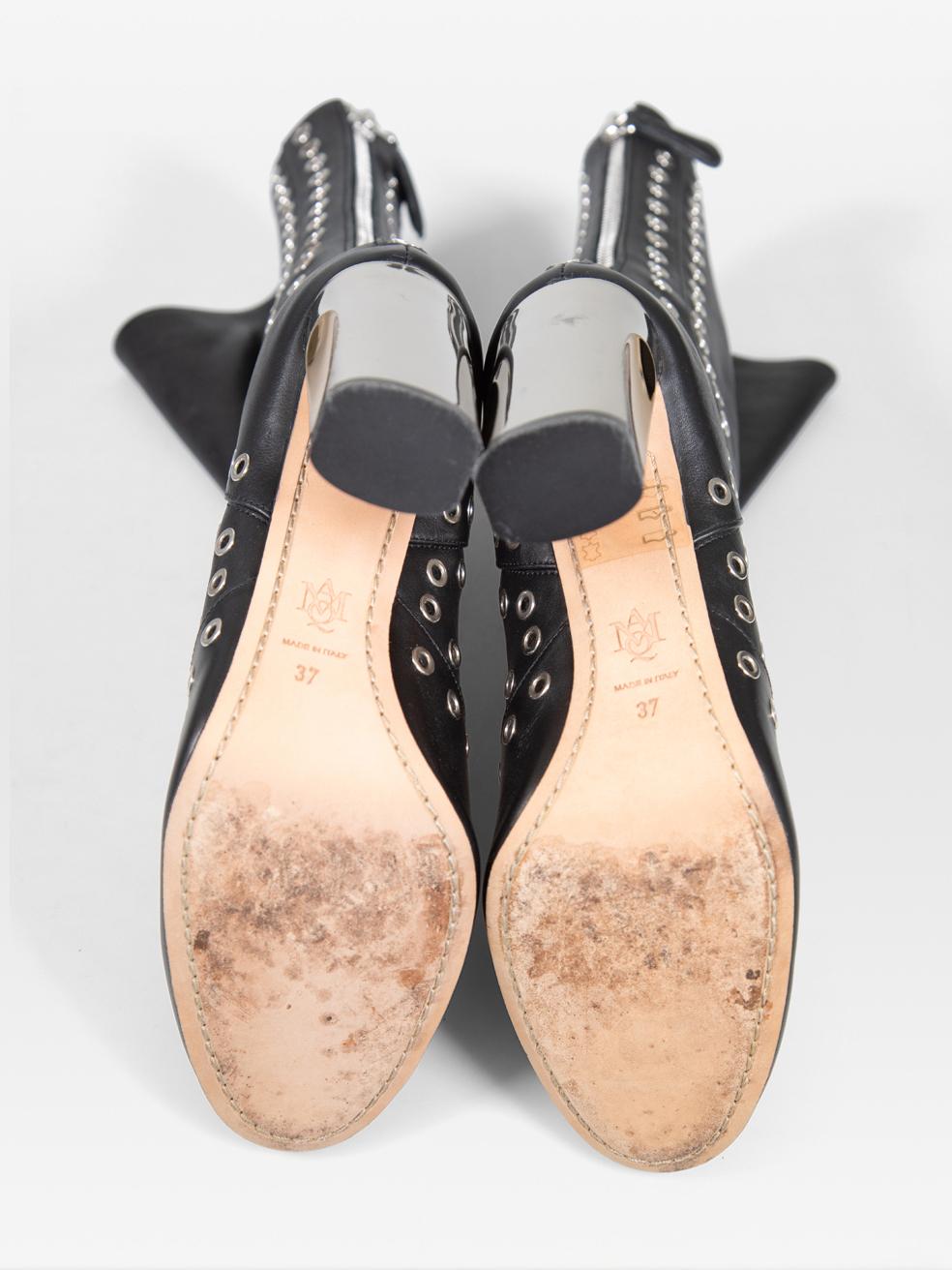 Women's Alexander McQueen Black Leather Perforated Heeled Boots Size IT 37 For Sale