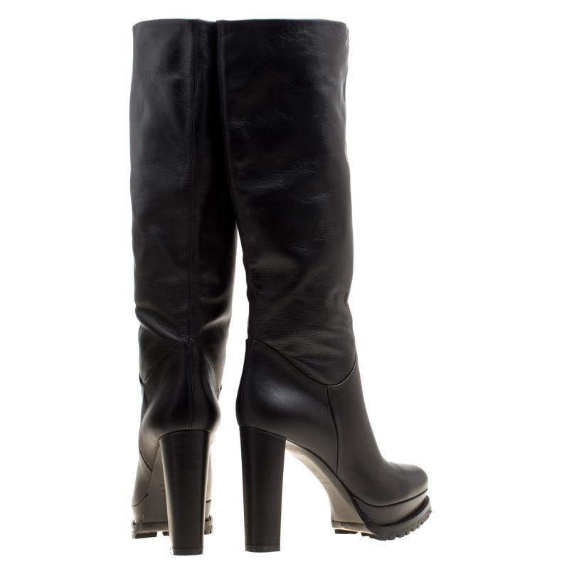 Women's Alexander McQueen Black Leather Platform Knee Boots Size 39