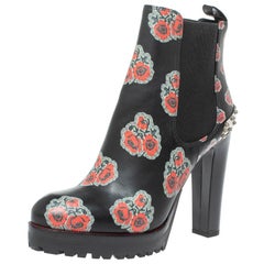 Alexander McQueen Black Leather Poppy Flower Print Ankle Boots Size 38