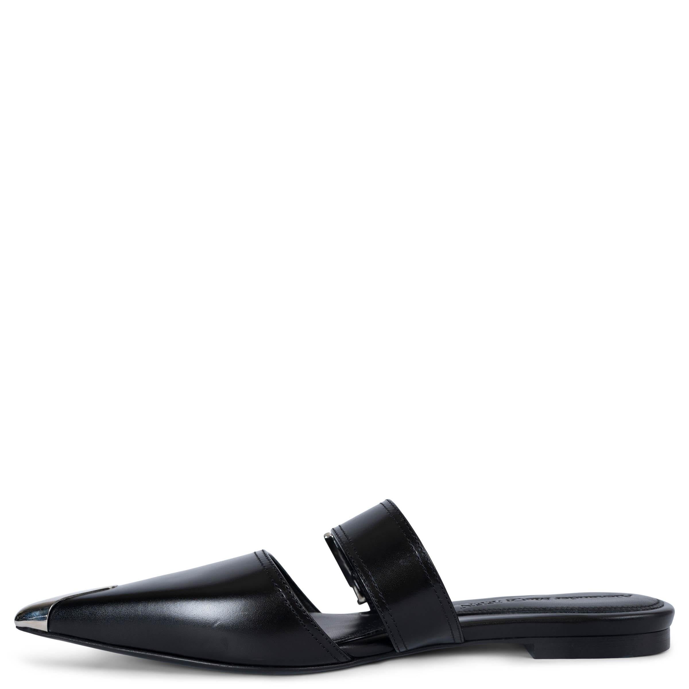 Black ALEXANDER MCQUEEN black leather PUNK 10MM Mules Flats Shoes 39