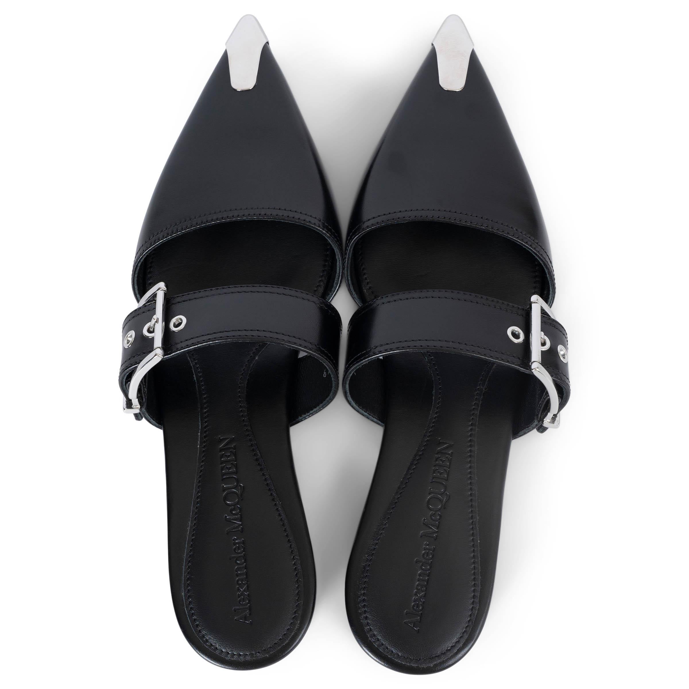 Women's ALEXANDER MCQUEEN black leather PUNK 10MM Mules Flats Shoes 39