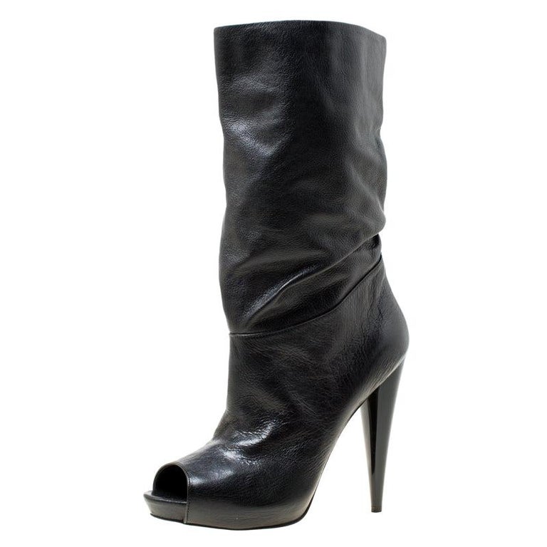 Alexander McQueen Black Leather Ruched Detail Peep Toe Calf Boots Size ...