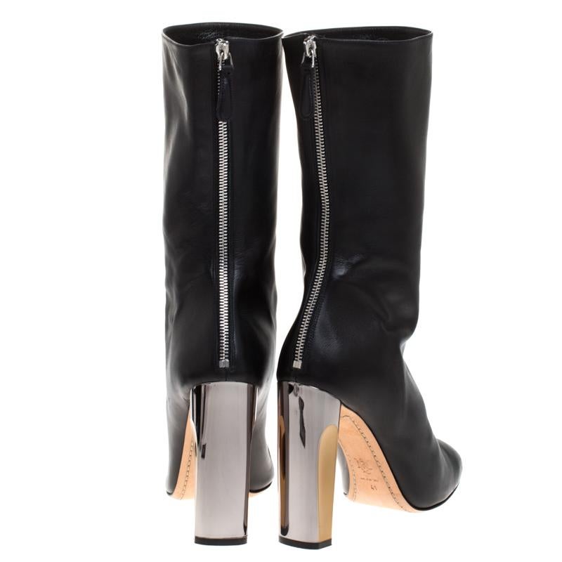 Women's Alexander McQueen Black Leather Sculpted Heel Mid Calf Boots Size 41
