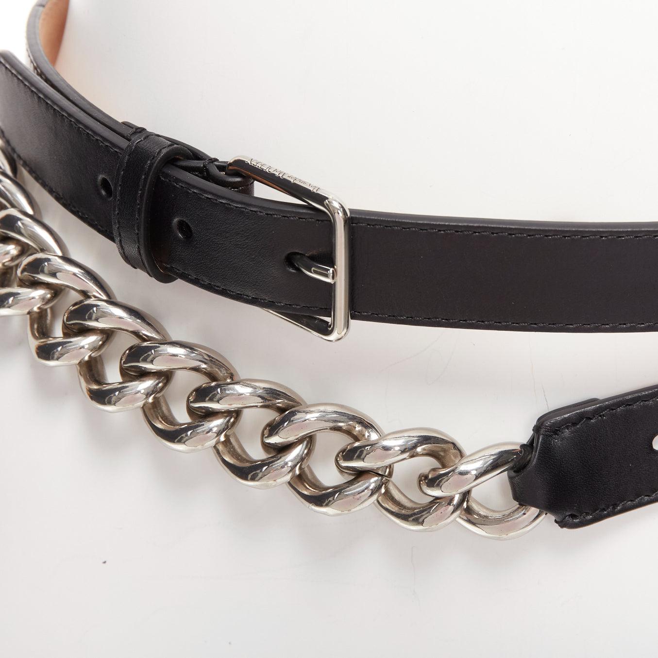 ALEXANDER MCQUEEN black leather silver chunky metal chain wrap belt 70cm
Reference: AAWC/A01197
Brand: Alexander McQueen
Designer: Sarah Burton
Material: Leather, Metal
Color: Black, Silver
Pattern: Solid
Closure: Belt
Lining: Nude Leather
Extra