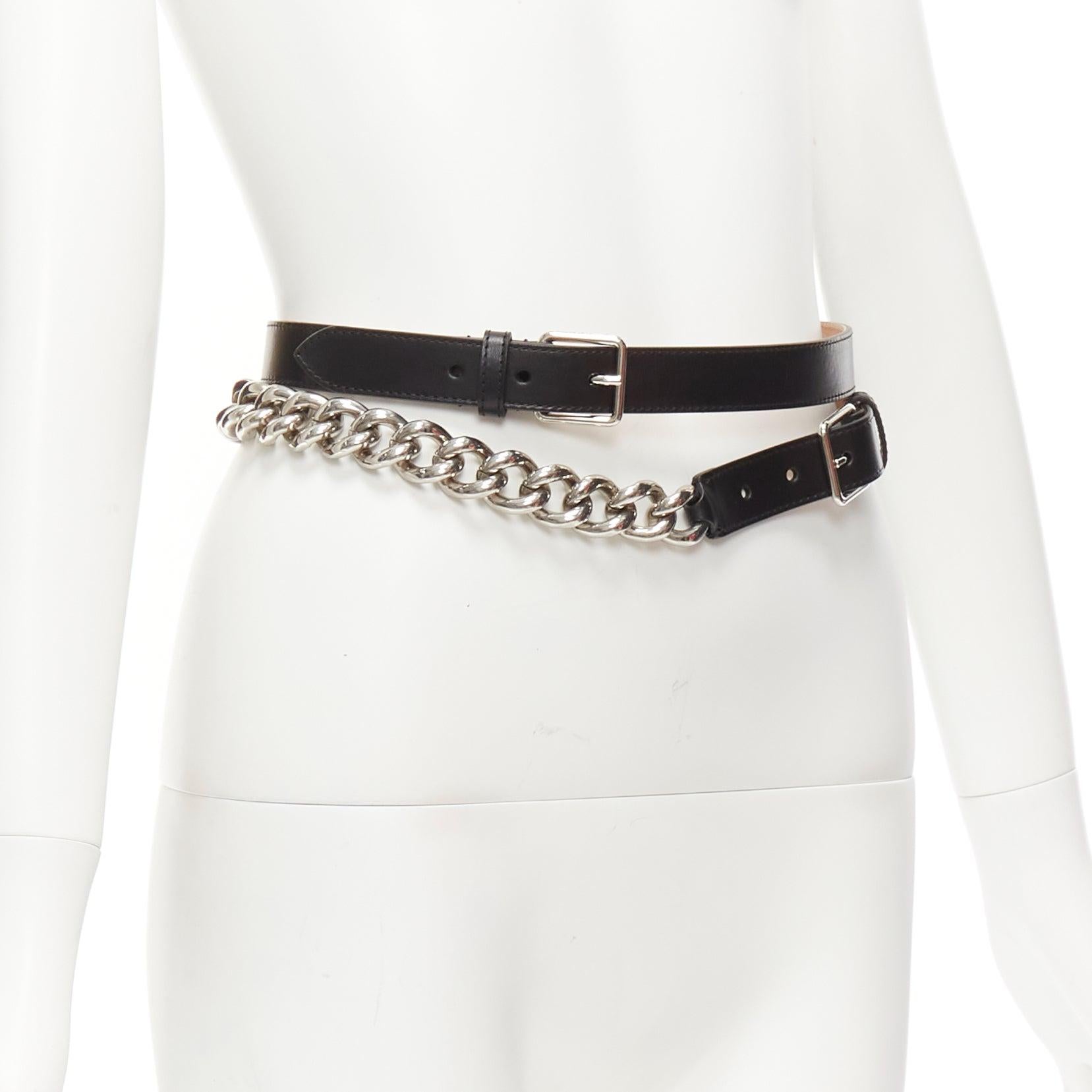 Black ALEXANDER MCQUEEN black leather silver chunky metal chain wrap belt 70cm For Sale