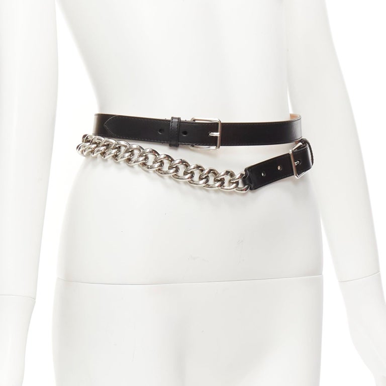 ALEXANDER MCQUEEN black leather silver chunky metal chain  display picture 3