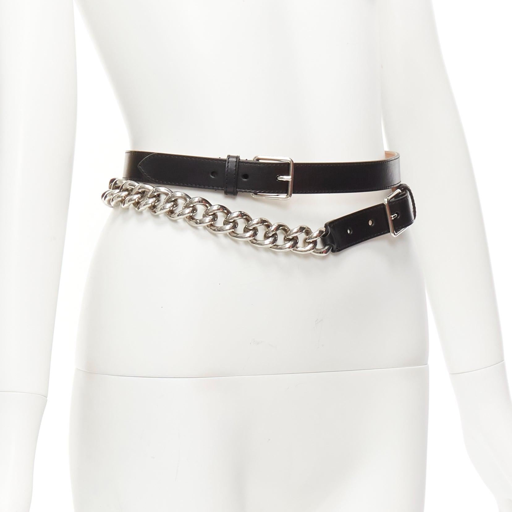 ALEXANDER MCQUEEN black leather silver chunky metal chain wrap belt 70cm In Good Condition For Sale In Hong Kong, NT