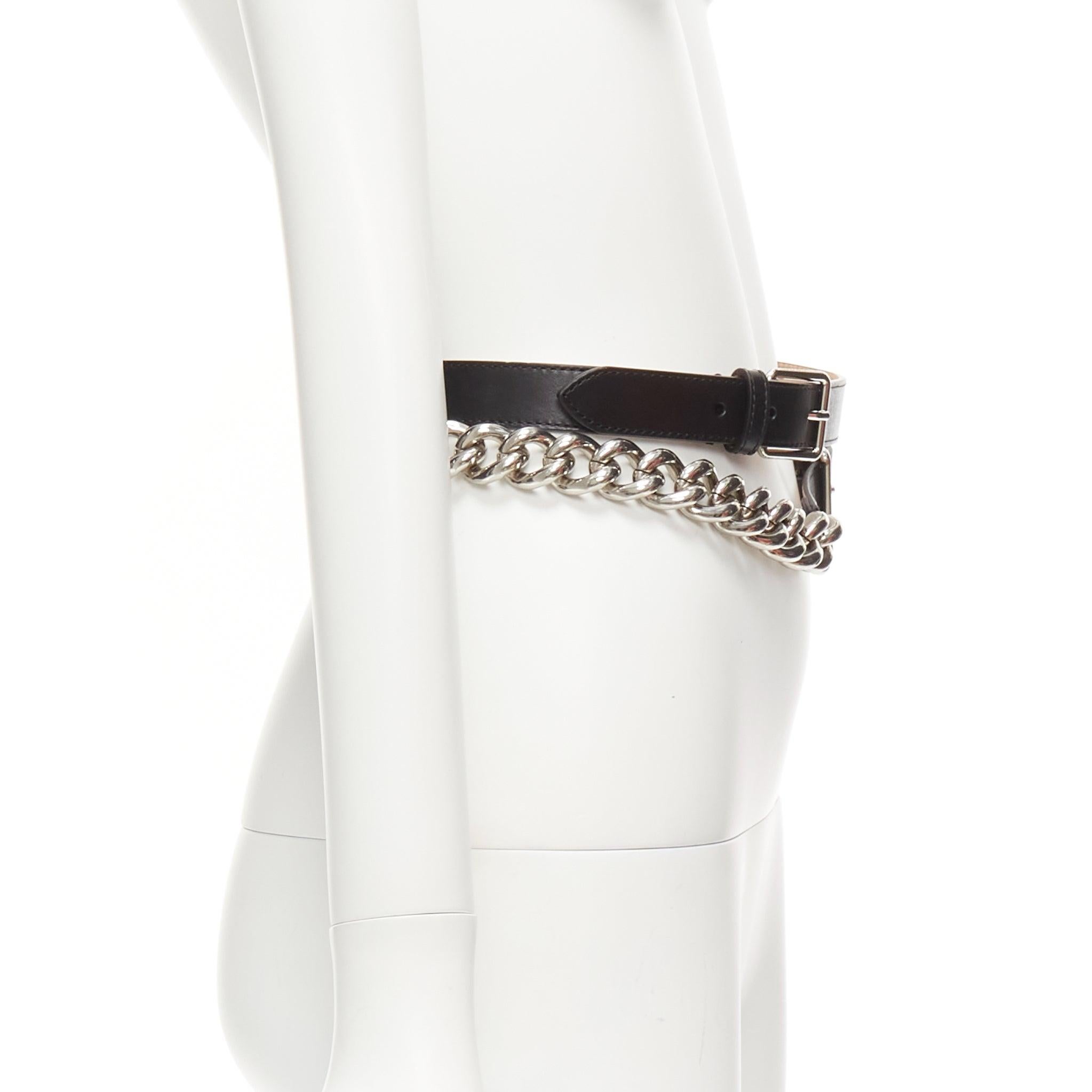 ALEXANDER MCQUEEN black leather silver chunky metal chain wrap belt 70cm In Good Condition For Sale In Hong Kong, NT