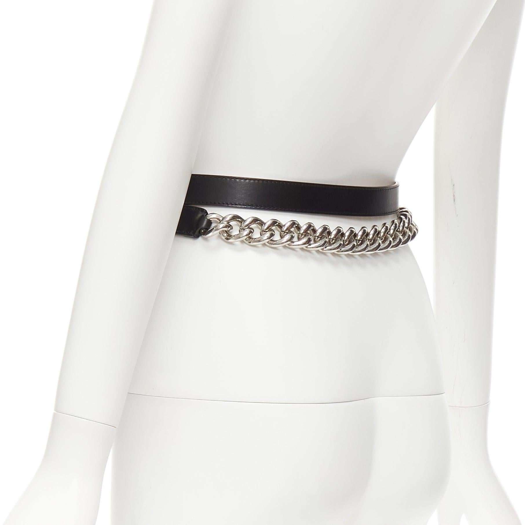 ALEXANDER MCQUEEN black leather silver chunky metal chain wrap belt 70cm For Sale 1
