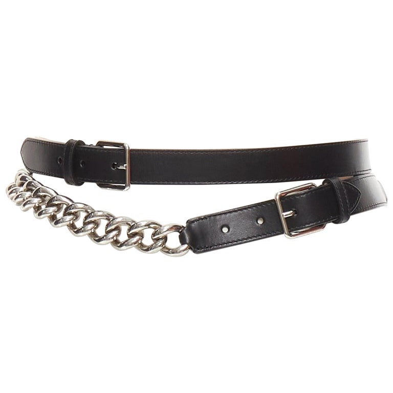 ALEXANDER MCQUEEN black leather silver chunky metal chain 