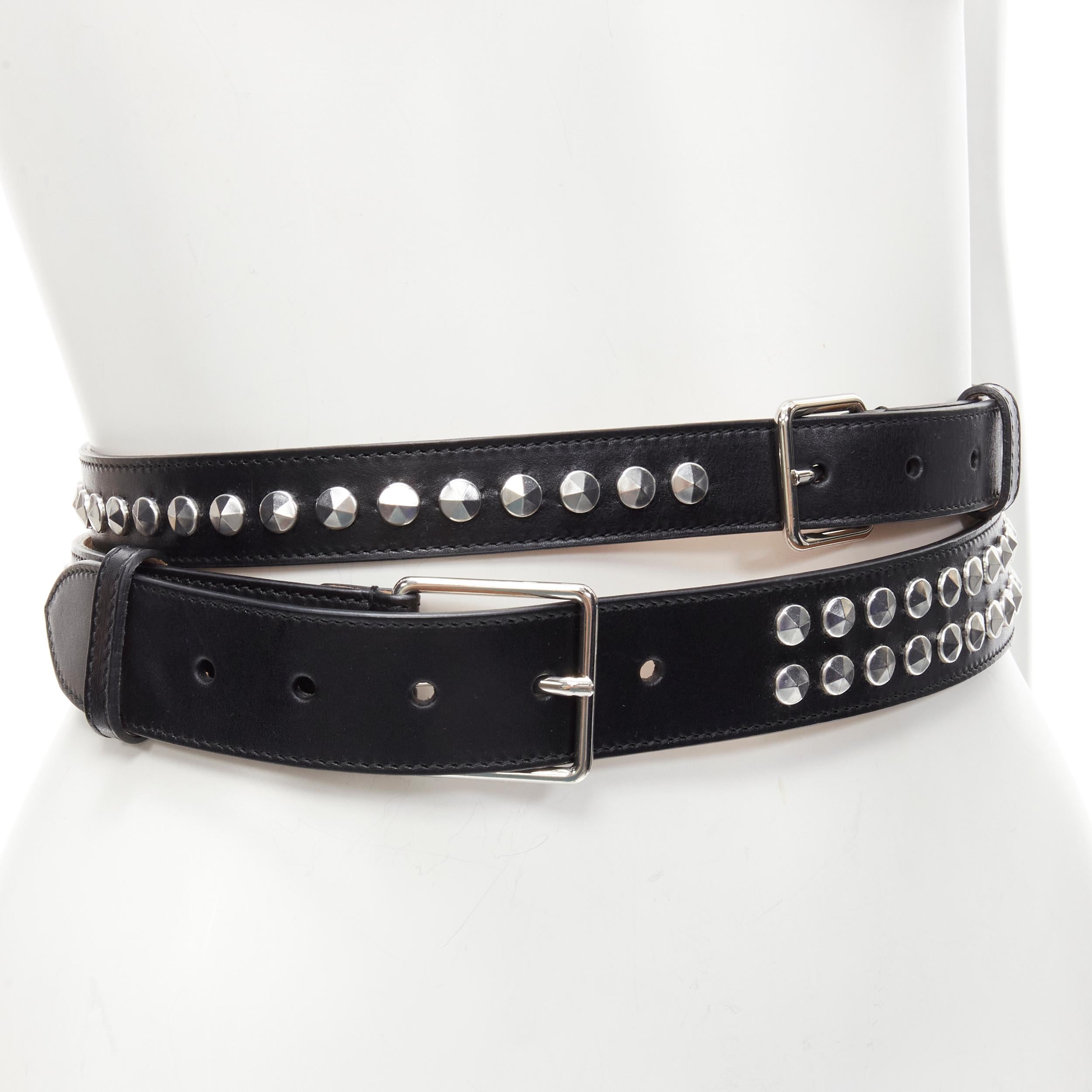 ALEXANDER MCQUEEN black leather silver punk studded double wrap belt 75cm
Brand: Alexander McQueen
Extra Detail: Black leather with silver-tone studs.

CONDITION:
Condition: Excellent, this item was pre-owned and is in excellent condition. 
Comes