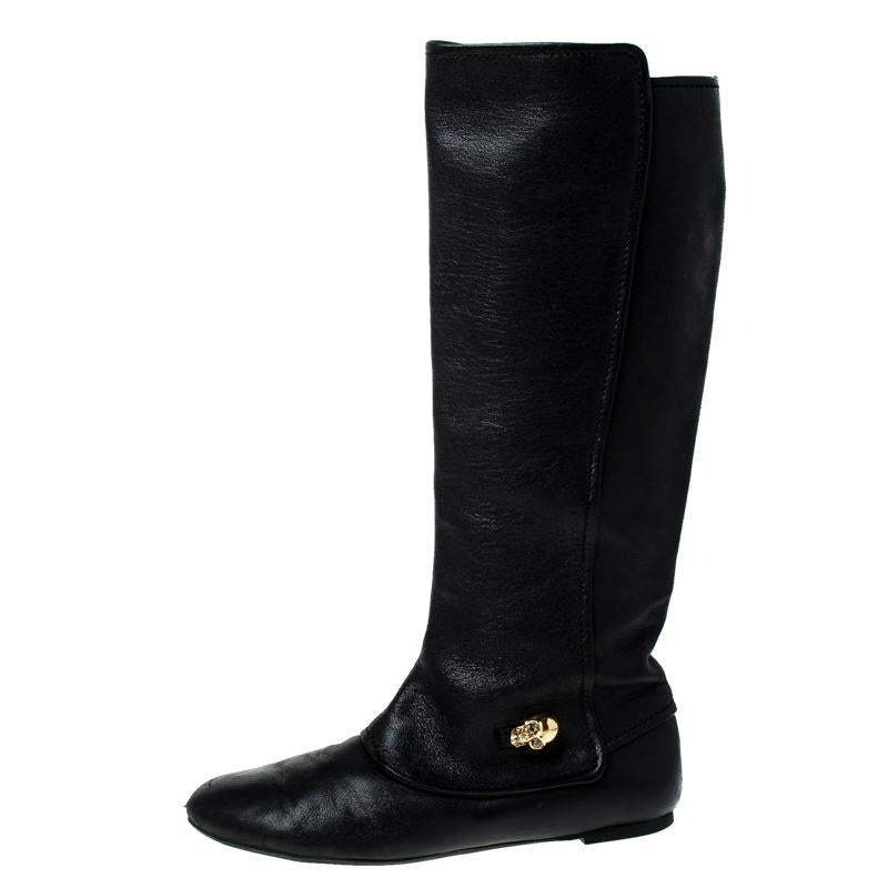 Alexander McQueen Black Leather Skull Charm Knee Length Boots Size 40 1