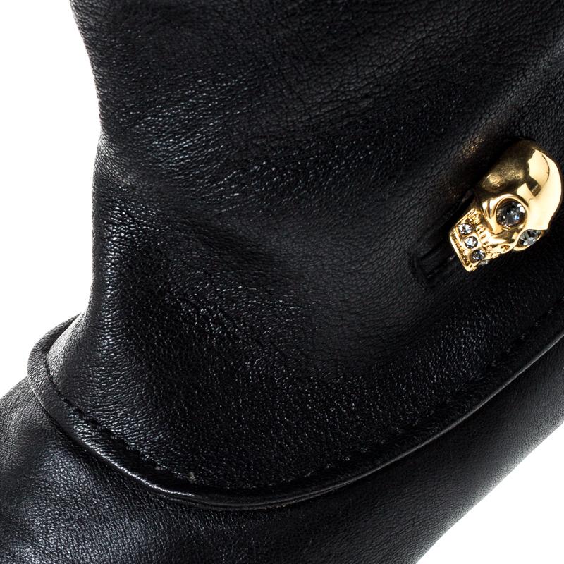 Alexander McQueen Black Leather Skull Charm Knee Length Boots Size 40 2