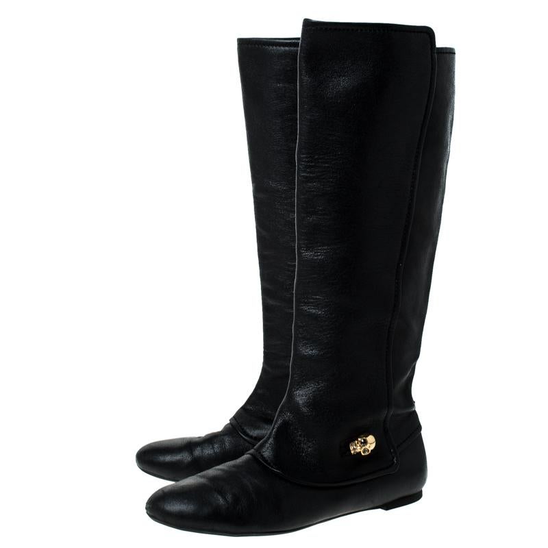 Alexander McQueen Black Leather Skull Charm Knee Length Boots Size 40 3