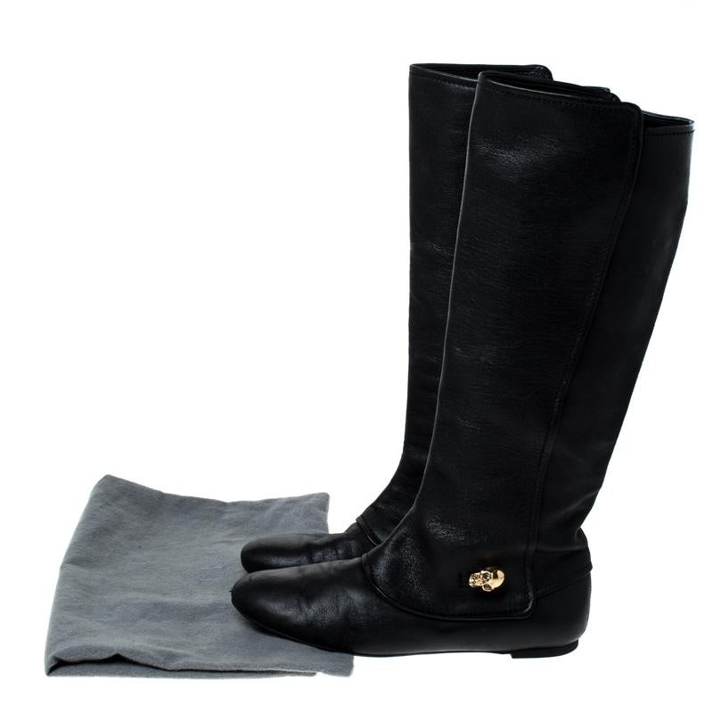 Alexander McQueen Black Leather Skull Charm Knee Length Boots Size 40 4