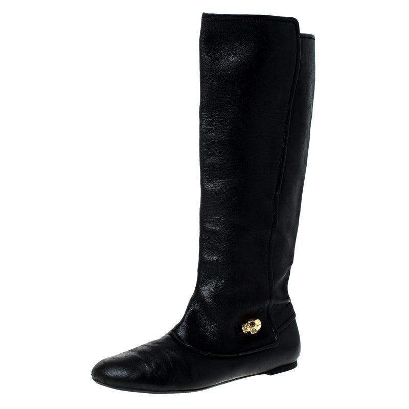 Alexander McQueen Black Leather Skull Charm Knee Length Boots Size 40