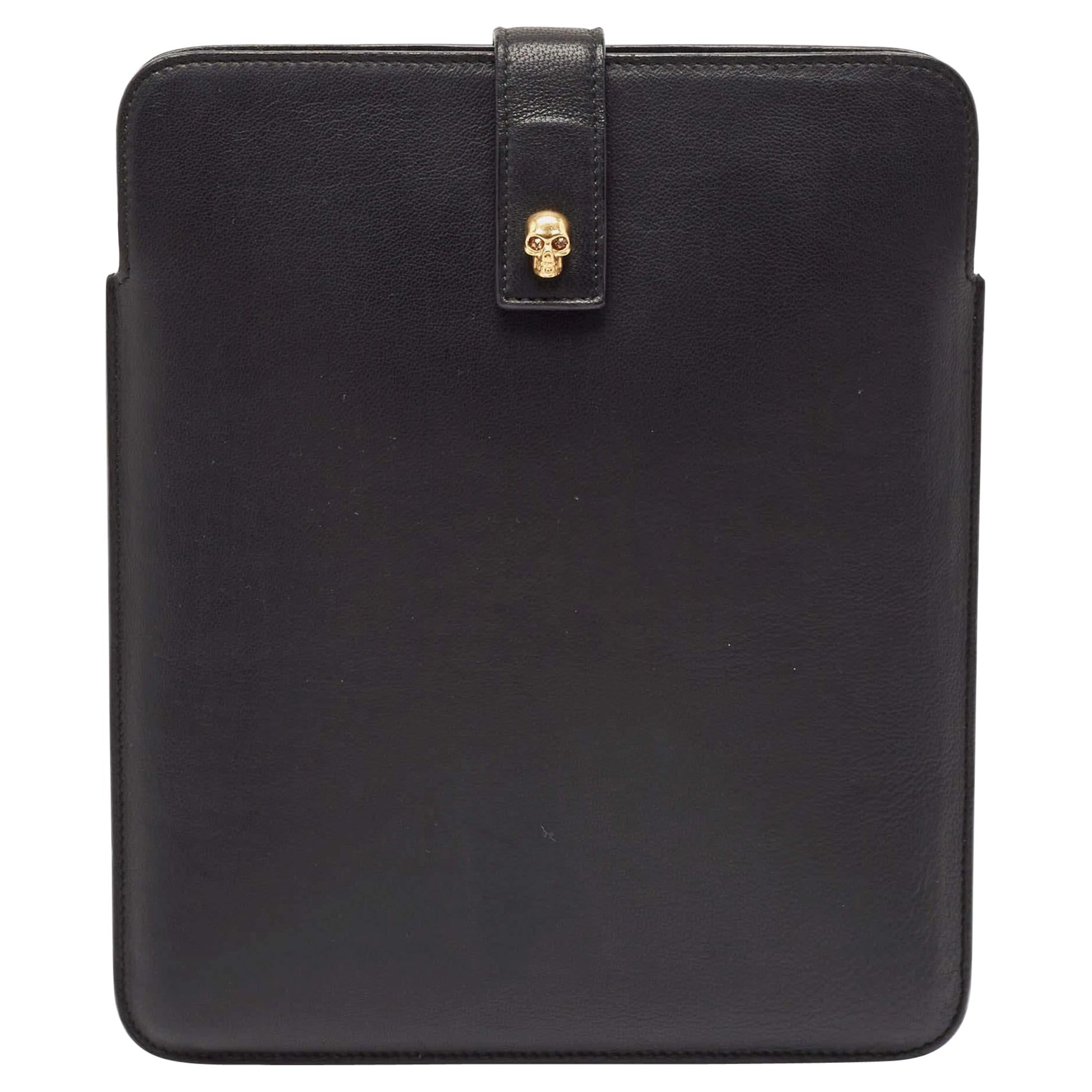 Alexander McQueen Black Leather Skull Embellished iPad Case