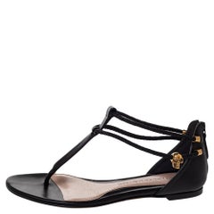 Alexander McQueen Black Leather Skull Embellished Thong Flat Sandals Size 38