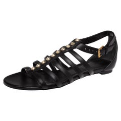 Alexander McQueen Black Leather Spike Detail Flat Gladiator Sandals Size 38