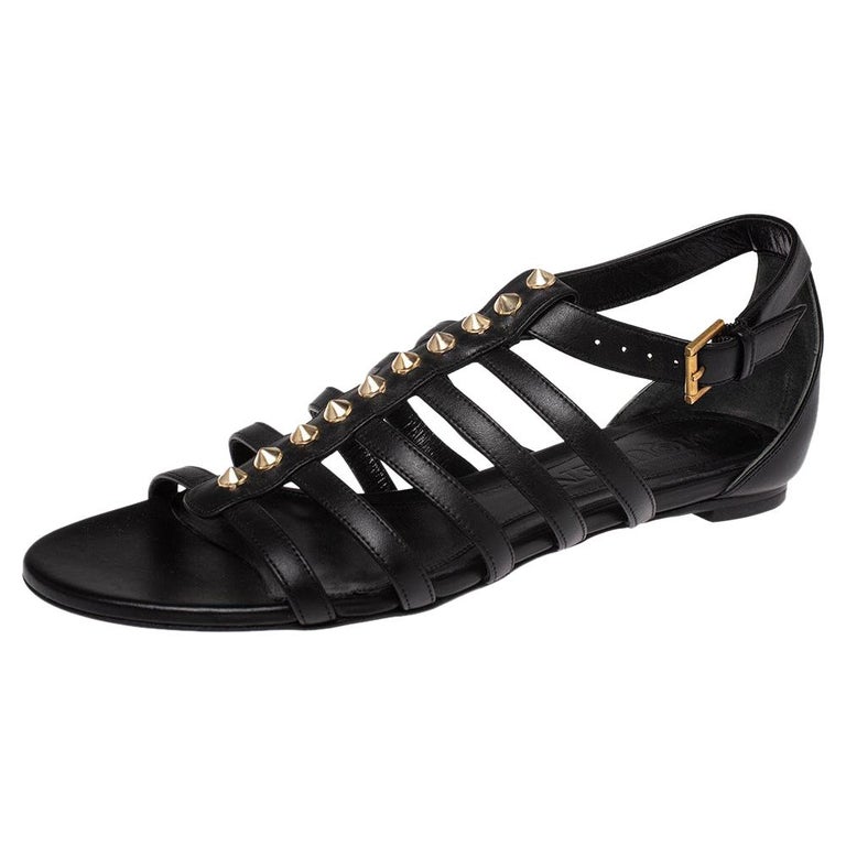 Alexander McQueen Black Leather Spike Detail Flat Gladiator Sandals Size 38  at 1stDibs