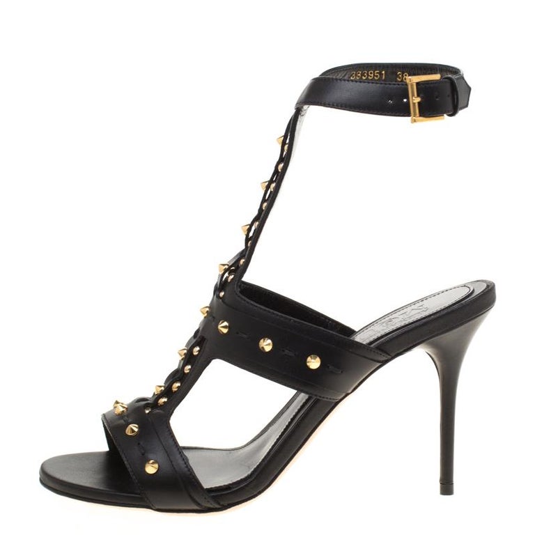 Alexander McQueen Black Leather Spike Studded Ankle Strap Sandals Size ...