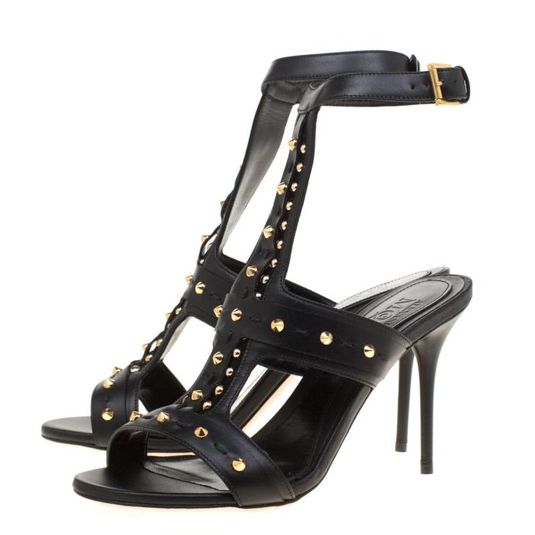 Alexander McQueen Black Leather Spike Studded Ankle Strap Sandals Size 38 For Sale at 1stDibs