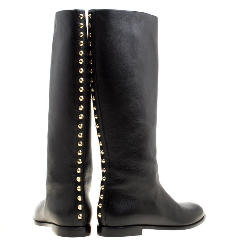 Alexander McQueen Black Leather Spike Trimmed Mid Calf Boots Size 40 In New Condition In Dubai, Al Qouz 2