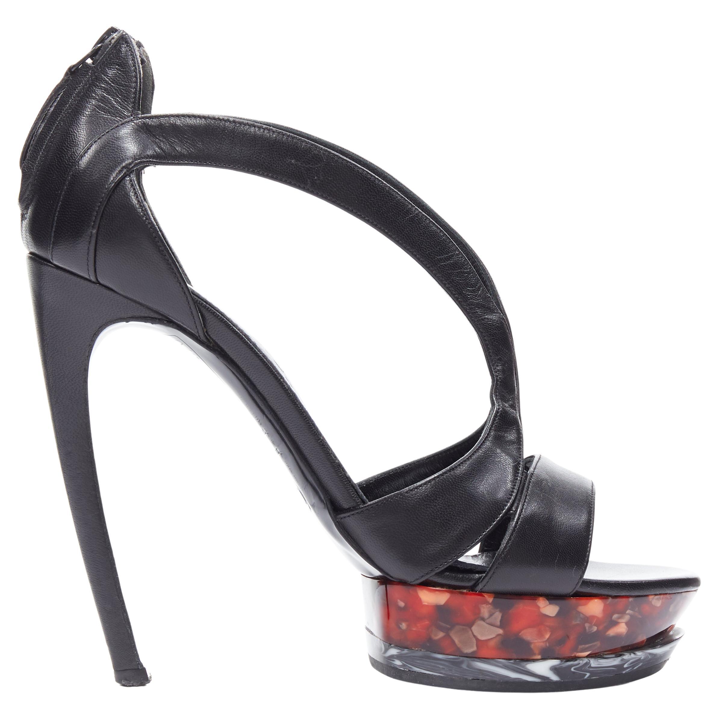 ALEXANDER MCQUEEN black leather strap tortoise resin platform heels sandals EU37 For Sale