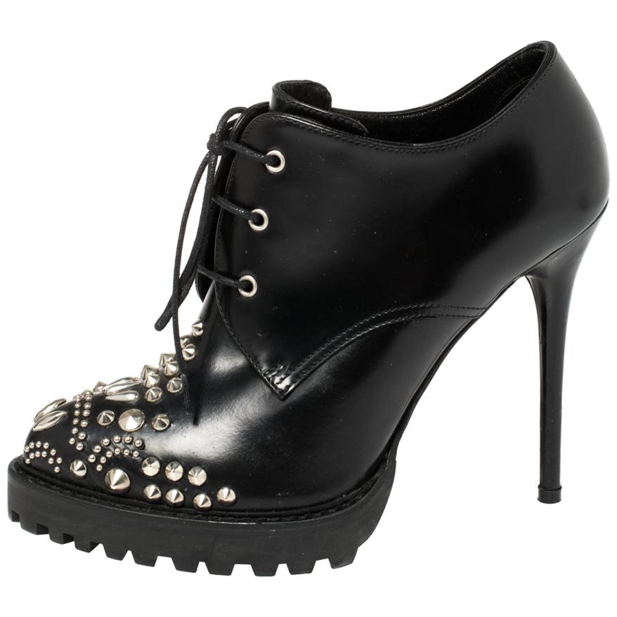 Alexander McQueen Black Leather Studded Ankle Boots Size 36