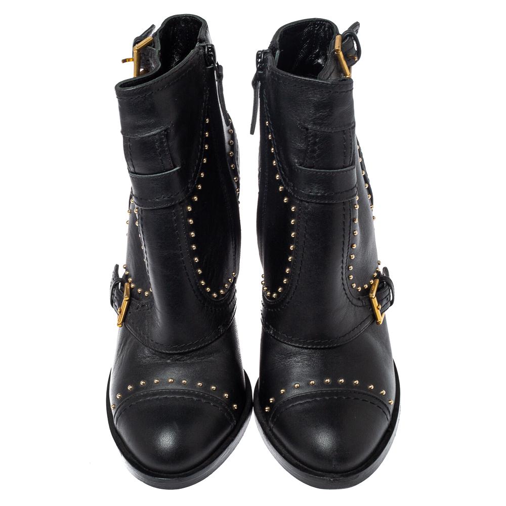 Alexander McQueen Black Leather Studded Block Heel Ankle Boots Size 36 In Good Condition In Dubai, Al Qouz 2