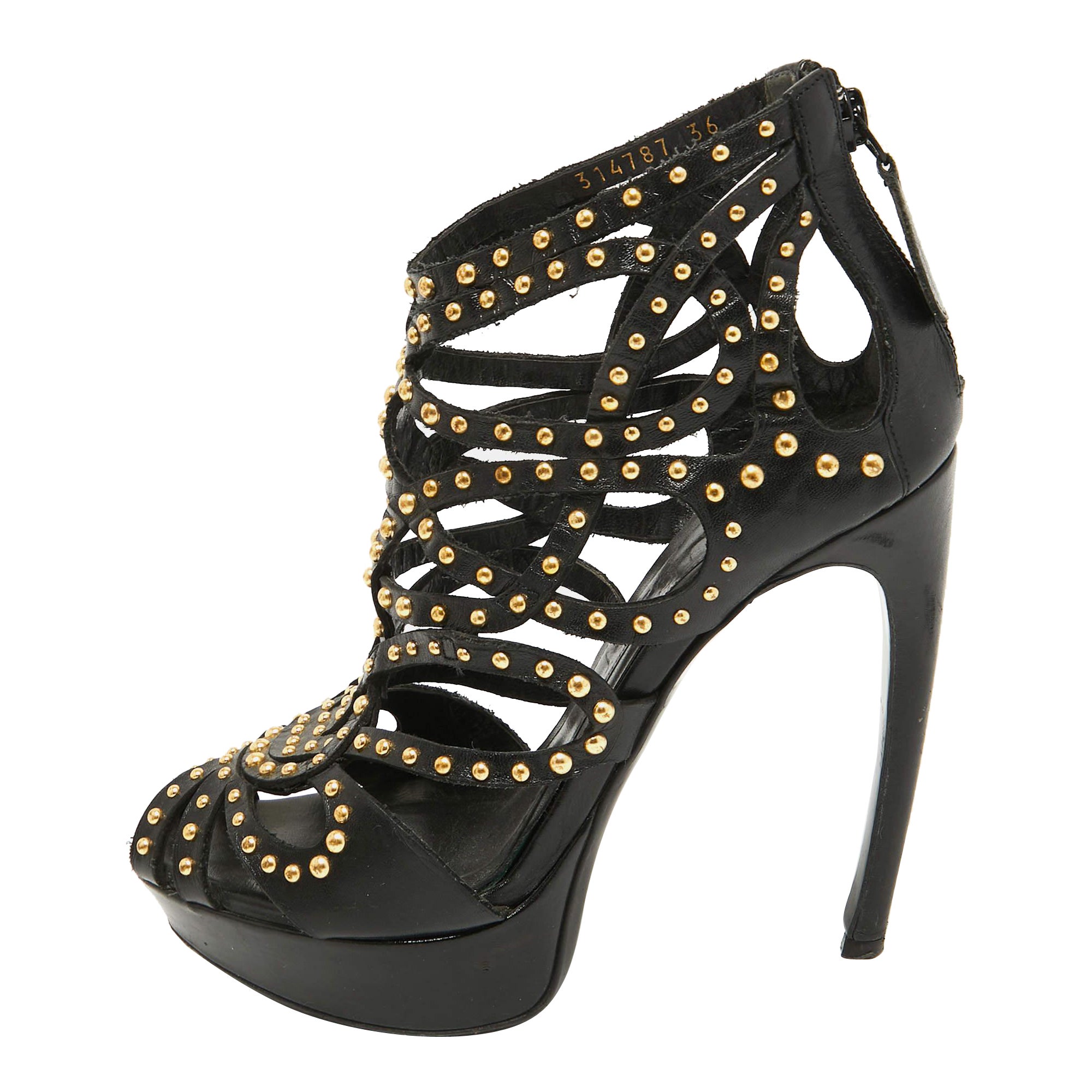 Alexander McQueen Black Leather Studded Caged Platform Booties Size 36