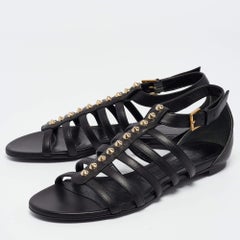 Alexander McQueen Black Leather Studded Flat Sandals Size 38
