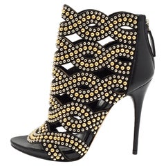 Alexander McQueen Black Leather Studded Peep Toe Ankle Boots Size 36