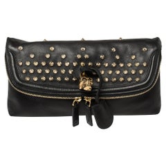 Alexander McQueen Black Leather Studded Skull Foldover Clutch