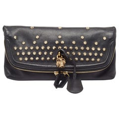 Alexander McQueen Black Leather Studded Skull Padlock Fold Over Clutch