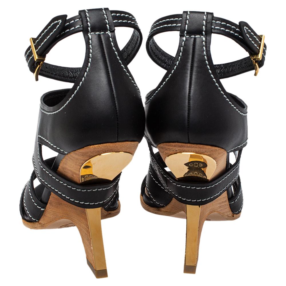 Women's Alexander McQueen Black Leather Topstitched Ankle Strap Sandals Size 40