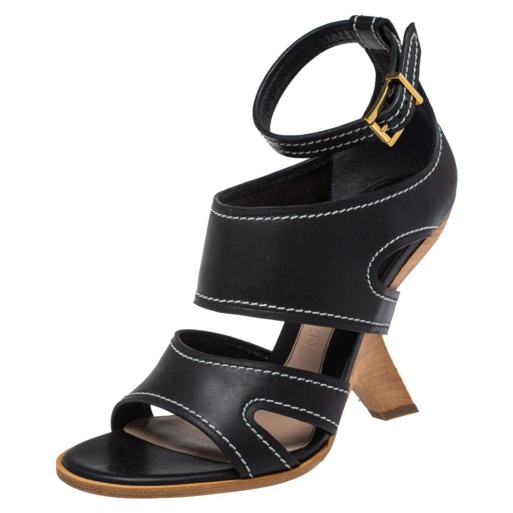 Alexander McQueen Black Leather Topstitched Ankle Strap Sandals Size 40