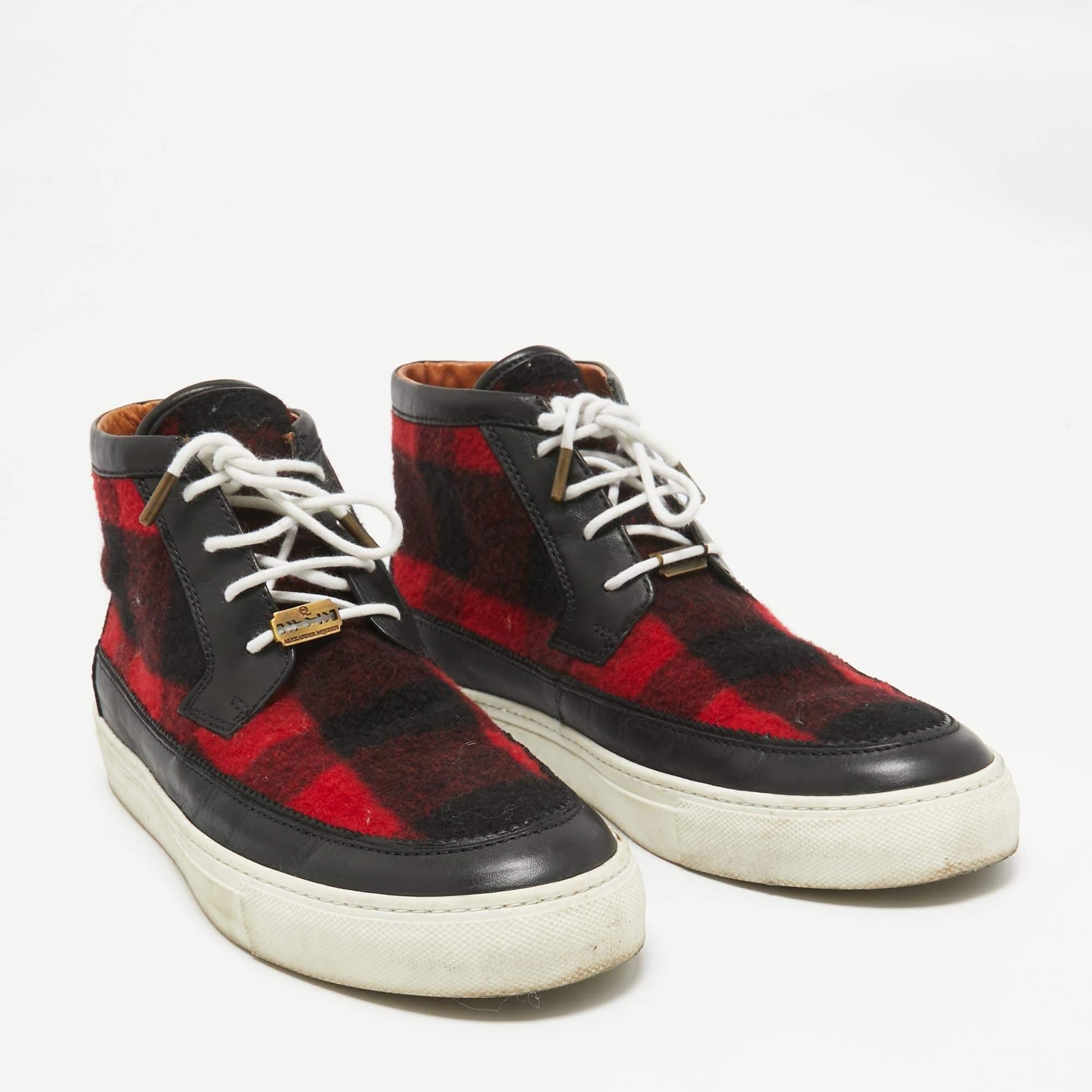 Men's Alexander McQueen Black Leather Tweed Trainer High Top Sneakers Size 42