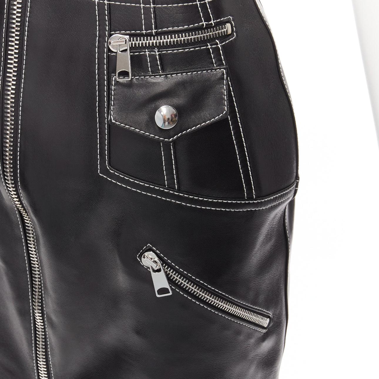 ALEXANDER MCQUEEN black leather white overstitch biker zip pencil skirt IT38 XS
Reference: AAWC/A00584
Brand: Alexander McQueen
Designer: Sarah Burton
Collection: 2020 - Runway
Material: Leather
Color: Black, White
Pattern: Solid
Closure: