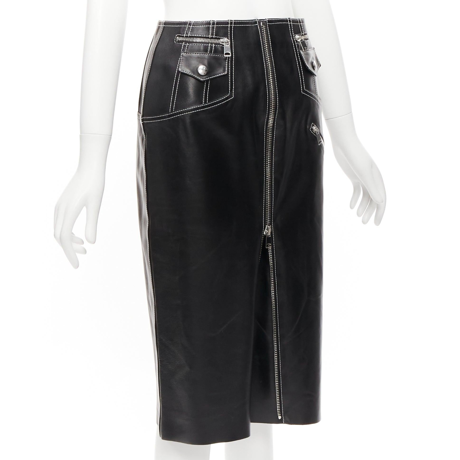 ALEXANDER MCQUEEN black leather white overstitch biker zip pencil skirt IT38 XS In Excellent Condition For Sale In Hong Kong, NT