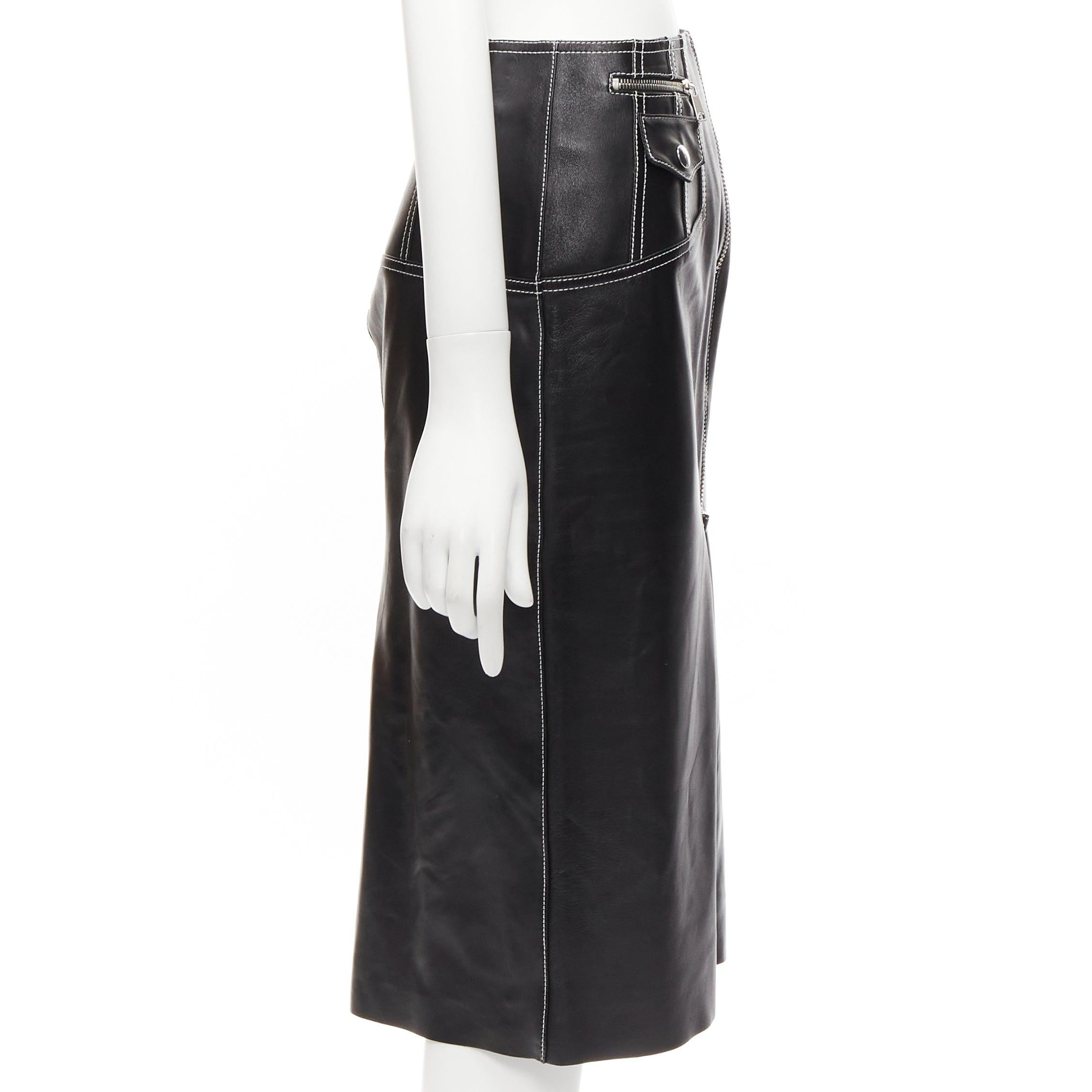 Women's ALEXANDER MCQUEEN black leather white overstitch biker zip pencil skirt IT38 XS For Sale