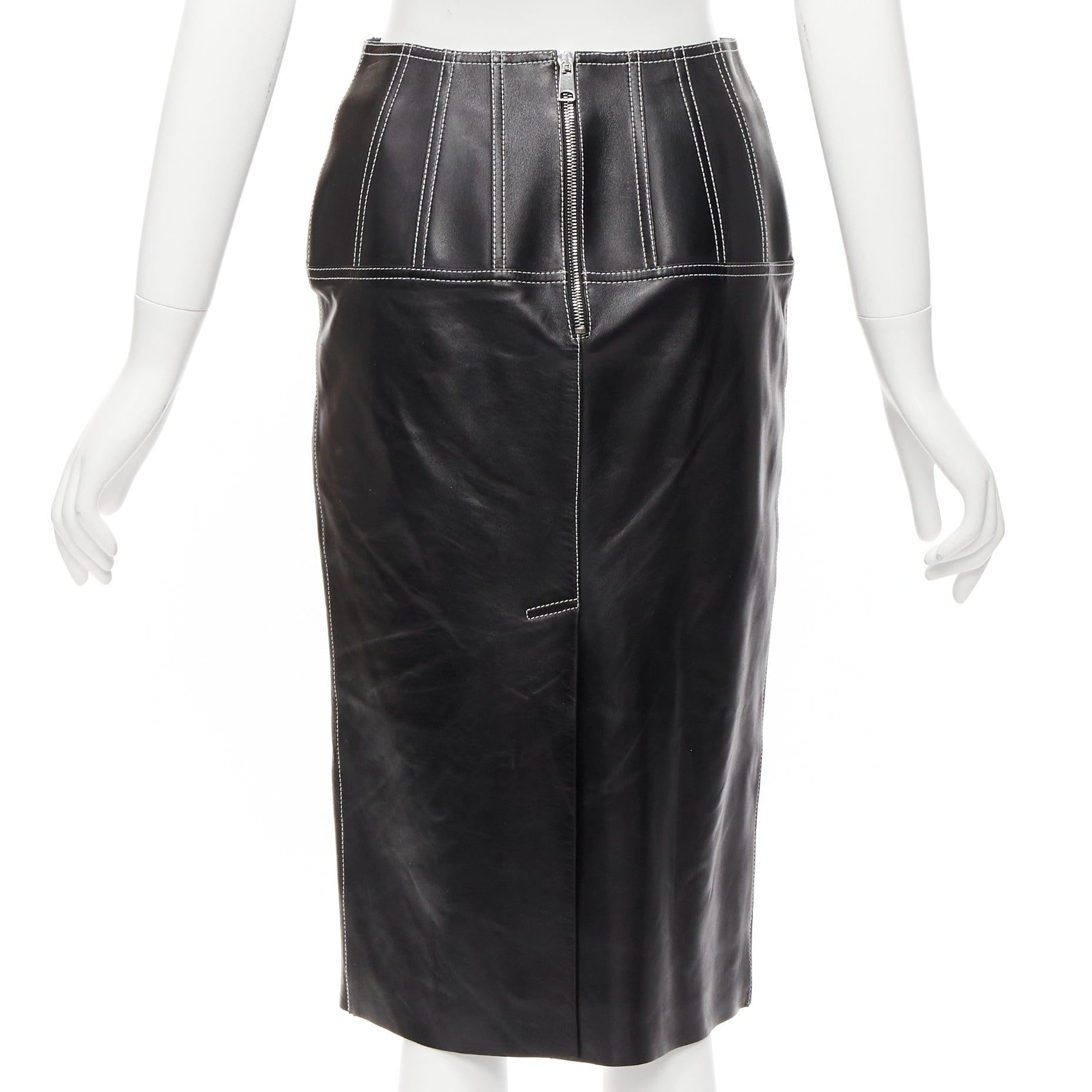 ALEXANDER MCQUEEN black leather white overstitch biker zip pencil skirt IT38 XS For Sale 1
