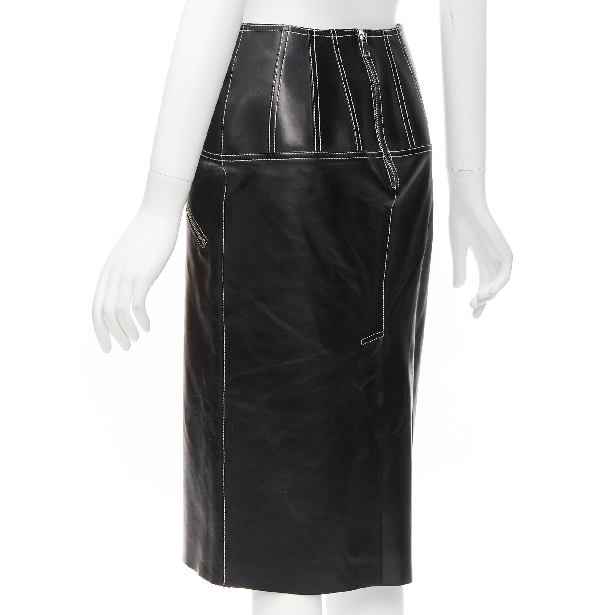 ALEXANDER MCQUEEN black leather white overstitch biker zip pencil skirt IT38 XS For Sale 2